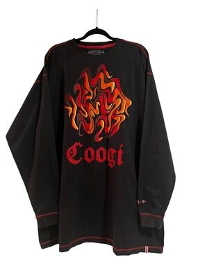 COOGI Black Long Sleeve Streetwear Hip Hop Graphic Tee w/Red & Orange Flame-4XL